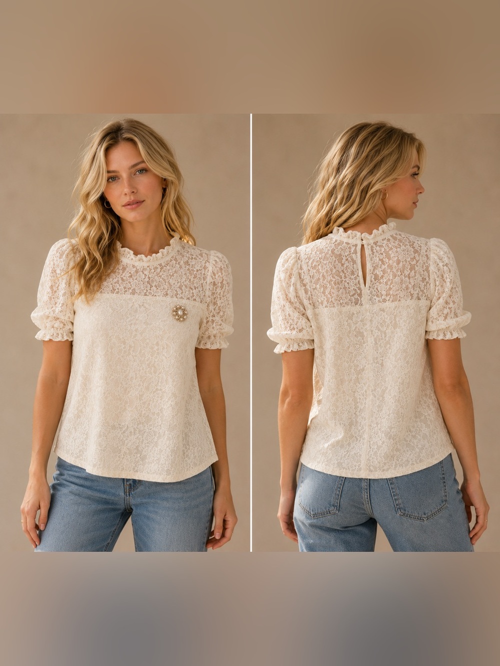 CeCe Cream Lace Ruffled Neck Puff Sleeve Blouse